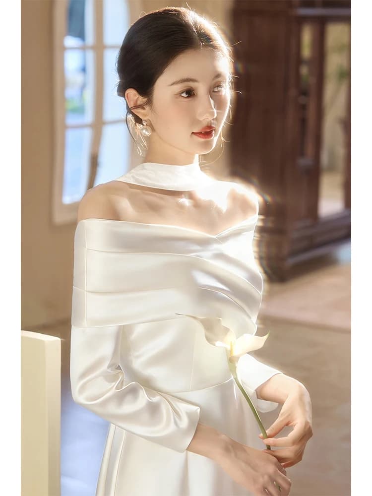 Ele White Long Sve One oulder Wedding Dr Morning Robe for Engagement Parties And Ceremonies Polyester Blend Fabric