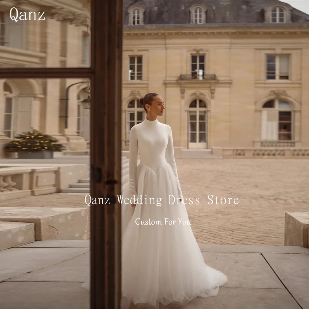 Abiti da Sposa Minimalisti Qanz con Collo Alto e Maniche Lunghe in Tulle Vestiti da Sposa Linea A Personalizzabili