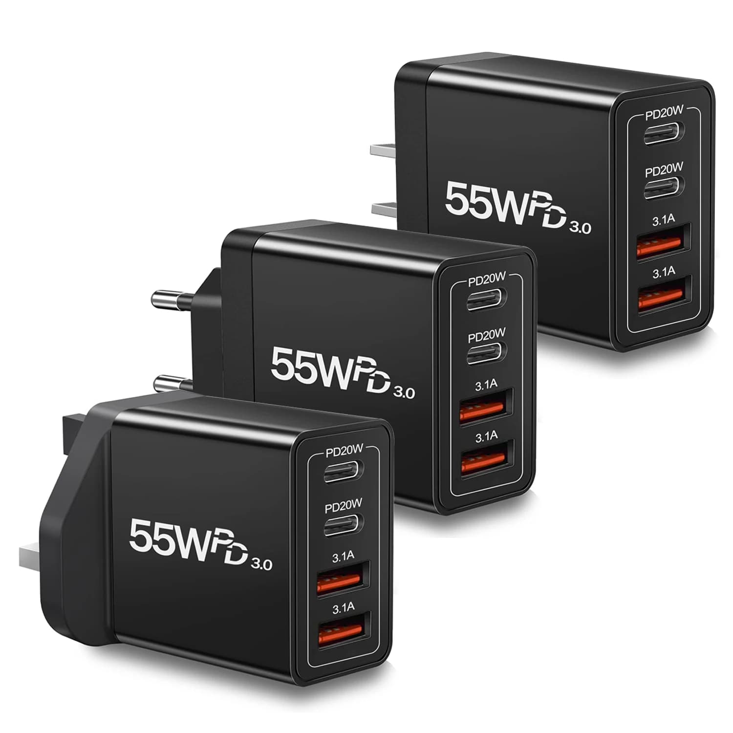 Caricabatterie da Muro EU/UK/US Multi-Porta USB-C/USB-A, Adattatore di Ricarica Rapida Dual PD 55W per iPhone Xiaomi