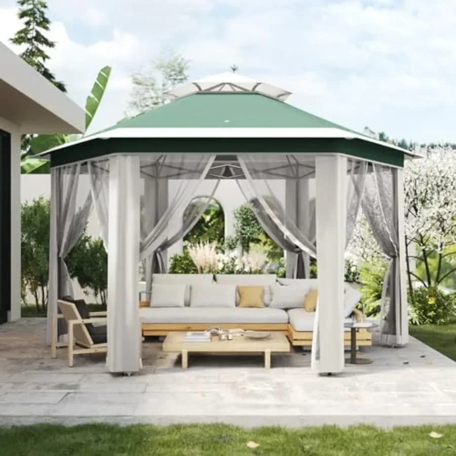 13'x13' Pop Up Gazebo Hexagonal Outdoor Tent with Mosquito Netting Dual Vent Roof Awning Waterproof UV Resistant Height Adjust