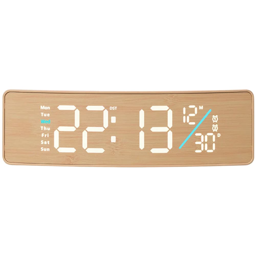 Digital Wall Clock with LED Display and Wood Pattern Finish Offers Time Temperature Calendar Moon Phase and Alarm