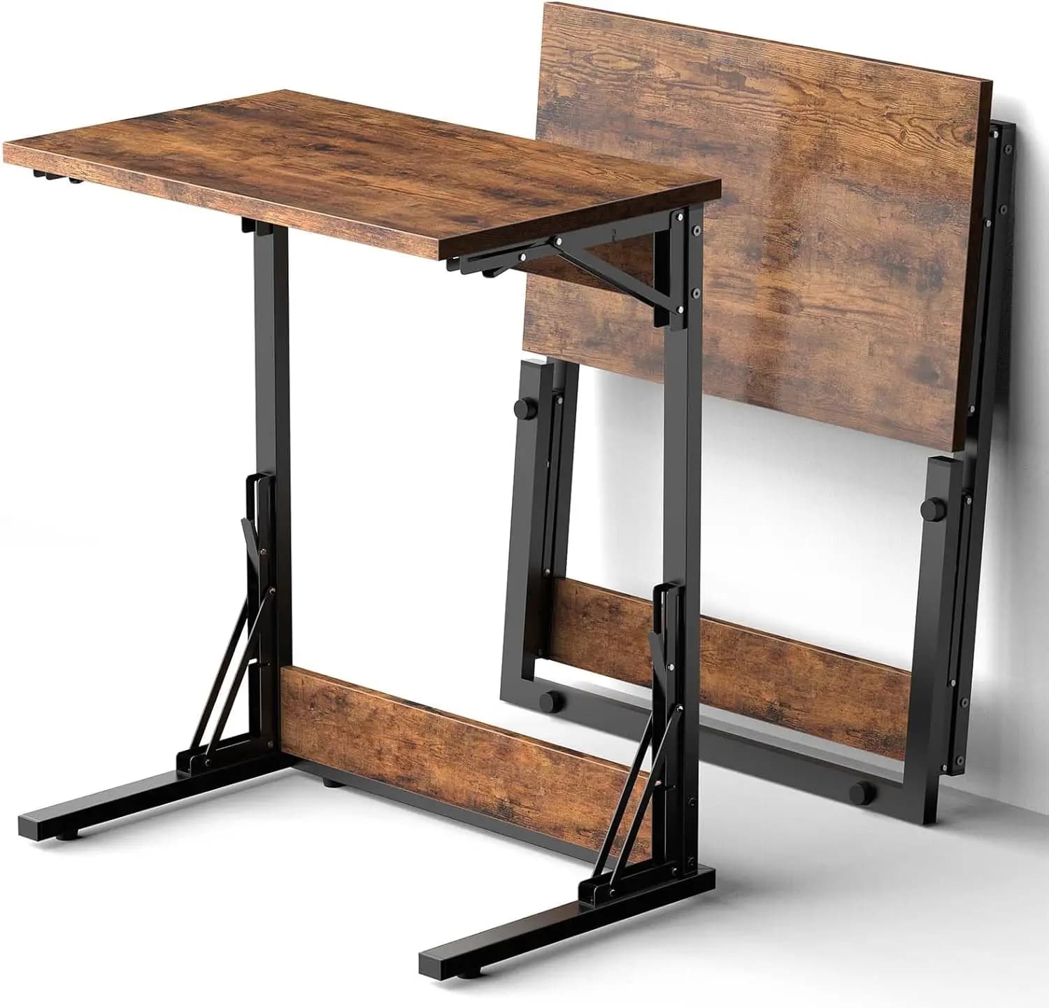 Set di 2 tavolini pieghevoli a forma di C da 24 pollici, piccola scrivania laterale per laptop da divano per soggiorno e camera da letto in marrone rustico