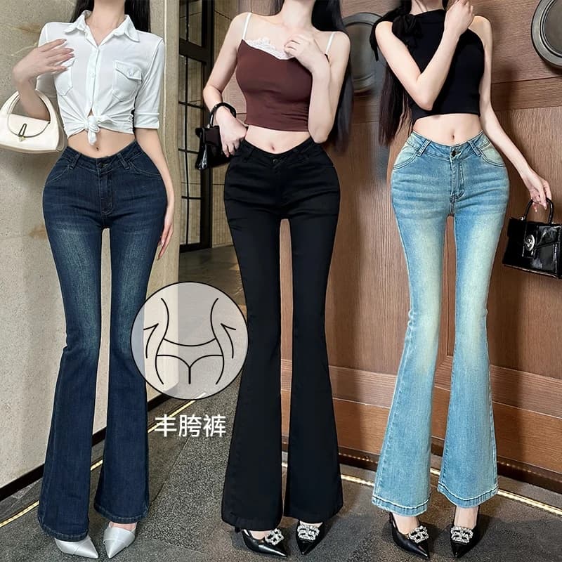 Blue Black V Waist Fixed Bootcut Pants Hourglass Figure Long Trousers Women's Slim Fit Jeans Cotton Stretch Denim Jeans