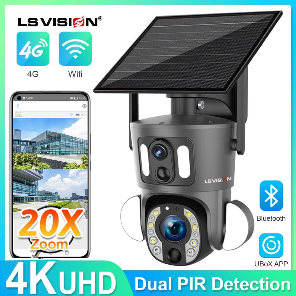 LS VISION 20X Zoom Ottico Doppio Schermo Telecamera Solare 4G Sim 4K WiFi PTZ Doppio Rilevamento PIR Humano Auto Tracking Telecamera CCTV IP66