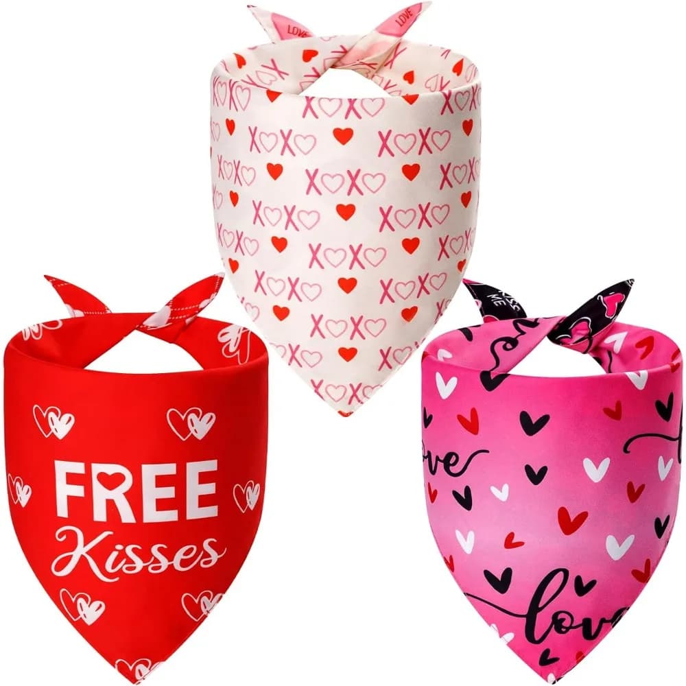 Valentine's Bandanas in 6 Patterns, Set of 3, Ideal for Large Dogs - Reversible and Stylish Love Scarves for Puppies and Pets