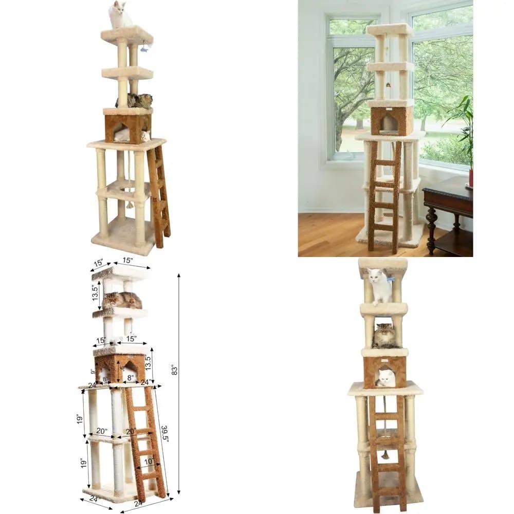 Torre per albero per gatti multilivello in vero legno beige 32 l x 24 l x 84 ore di grandi dimensioni per giochi e riposo felini