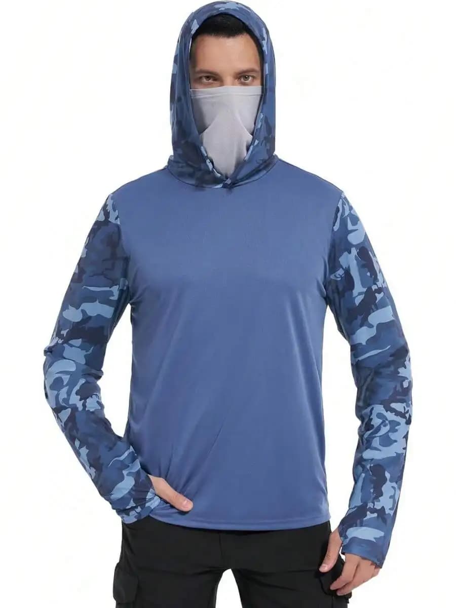 Long sleeve fishing shirt with hood and sunscreen UPF 50+ for men with mesh mask for face