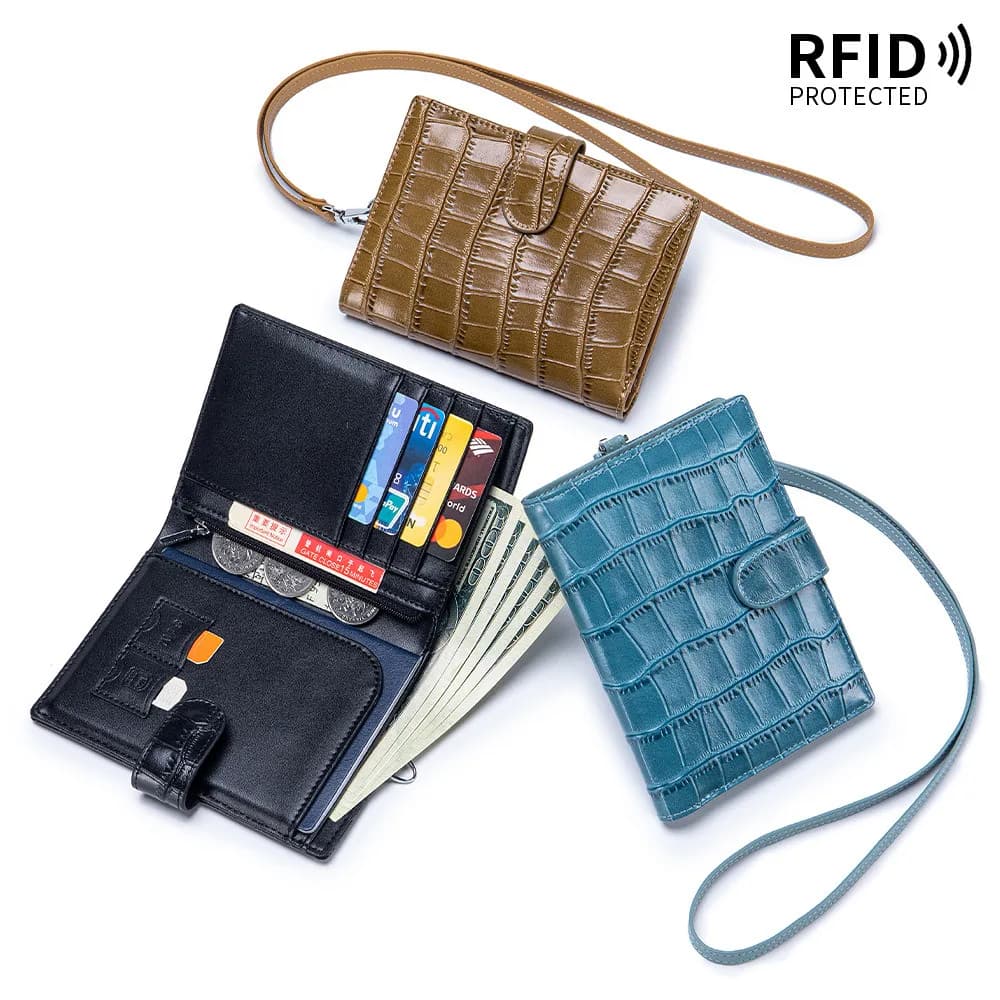 Genuine Leather Travel Passport Wallet Bag Crocodile Pattern Hanging Neck ID Card Holder Cowhide Coin Purse For Men Women.
