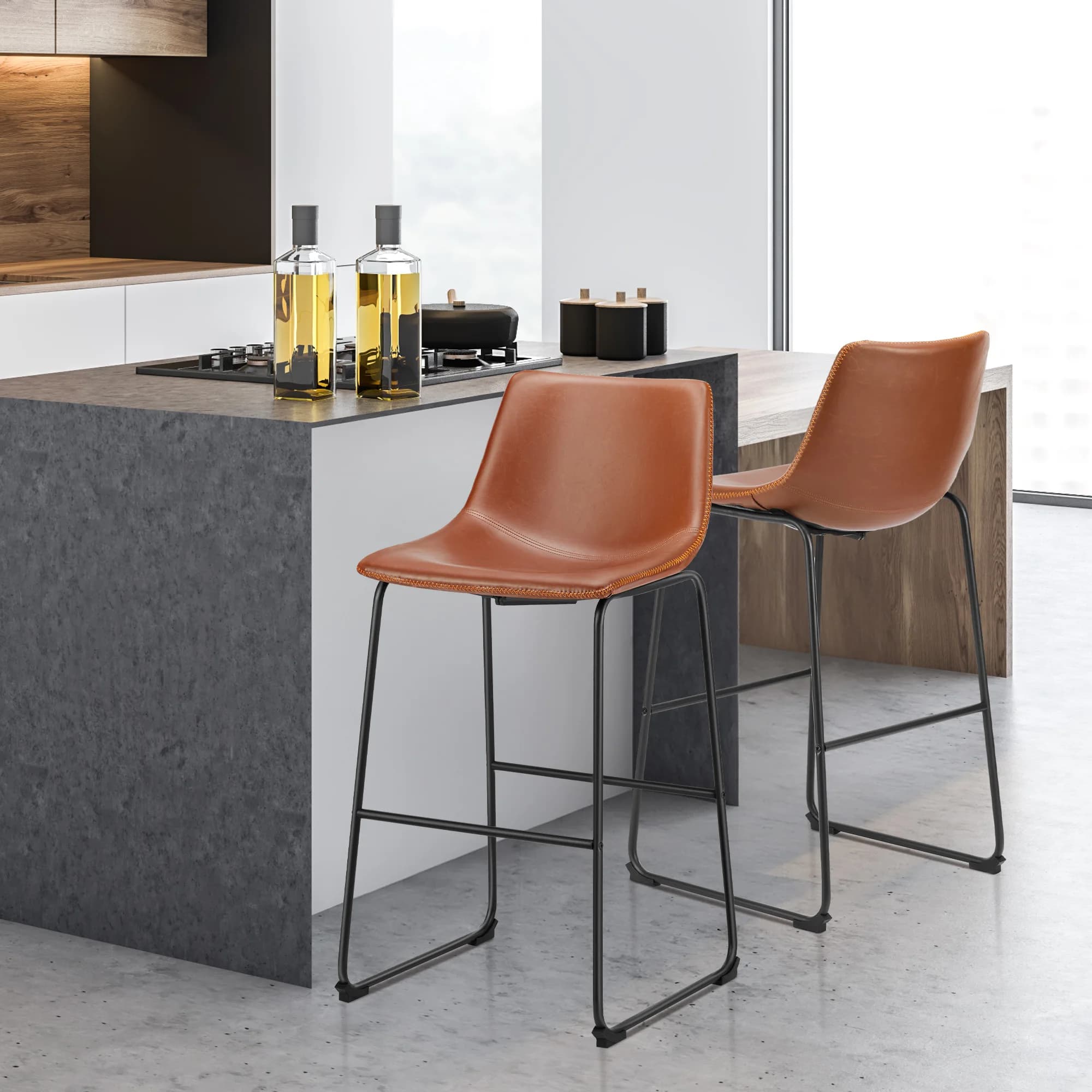 Set di 2 Sgabelli da Bar Moderni JHK, Altezza Bancone, in Ecopelle con Schienale Senza Braccioli, Sedie per Isola Cucina con Gambe in Metallo