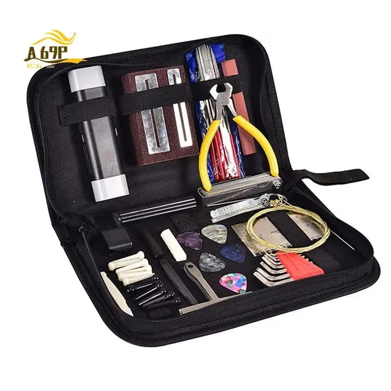 Set di attrezzi per chitarra A69P-1 con borsa per il trasporto, strumenti di riparazione, righello per l'azione delle corde, lima per liutaio, perni per ponte di chitarra e ukulele