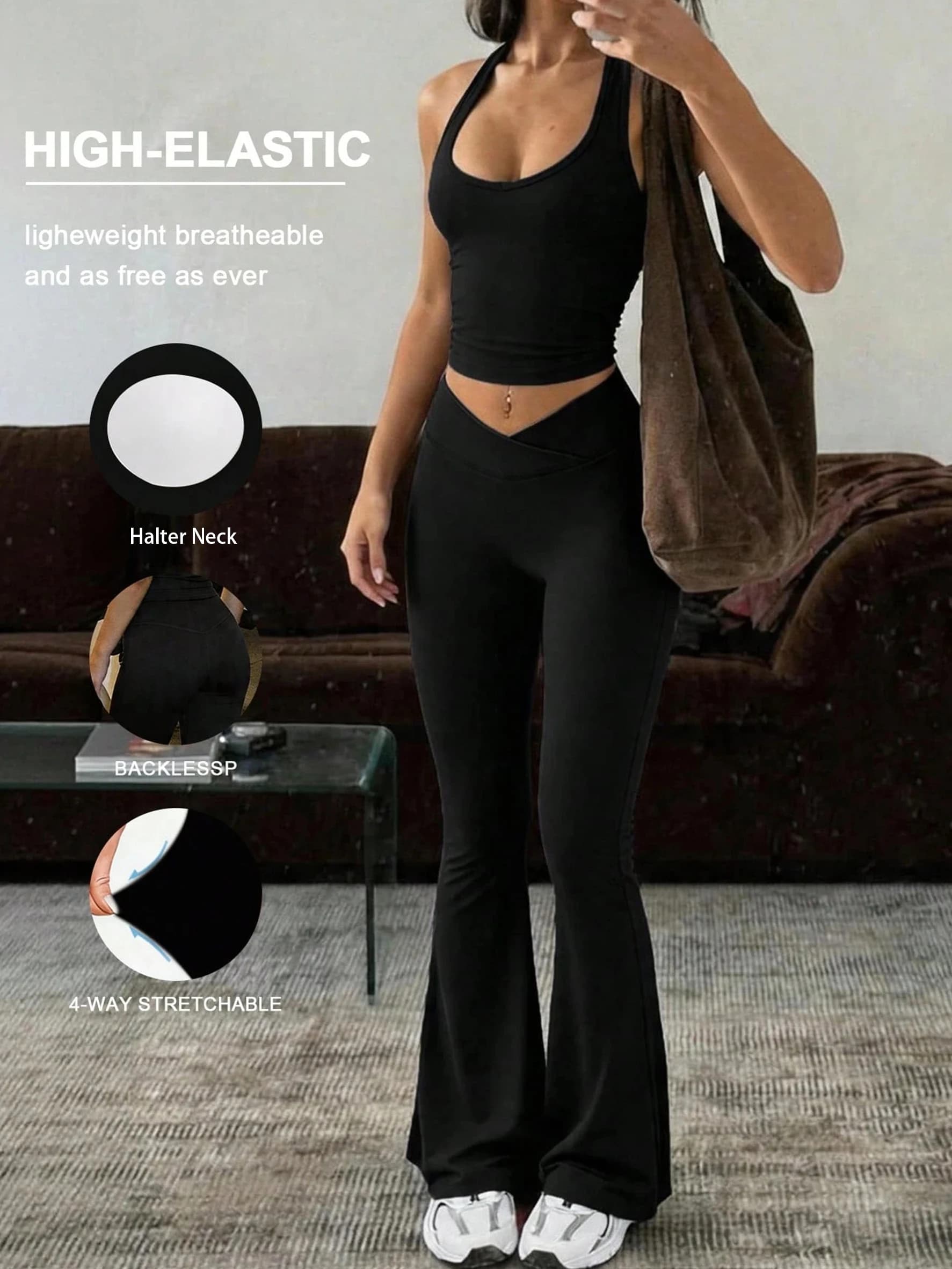 Women Halter Backless Crop Tank Top High Waist V Cut Flare Leg Pants Set Sport Yoga Casual Two Piece Outfit