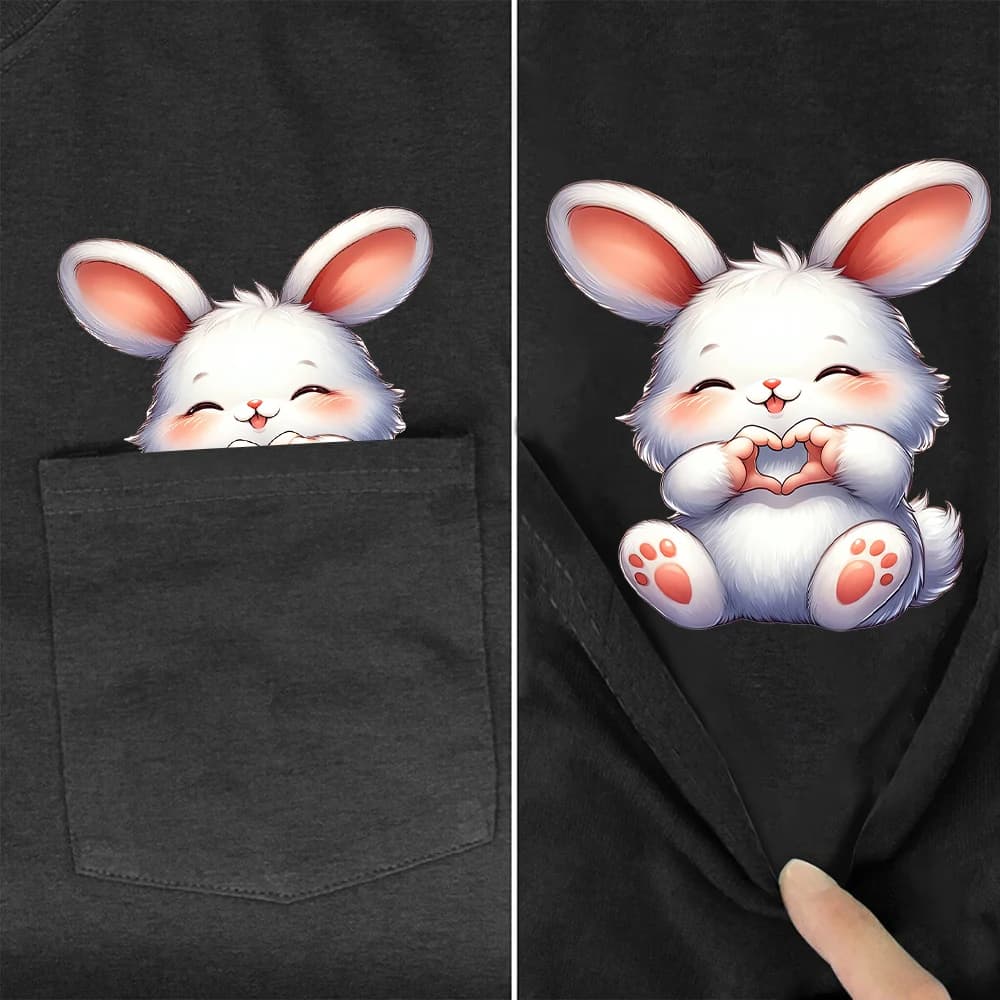 Cilocl Cute Rabbit Cotton t-shirt Lovely Bunny Hand Heart Gesture Printed Pocket t-shirt donna camicie a maniche corte Hip Pop Tops