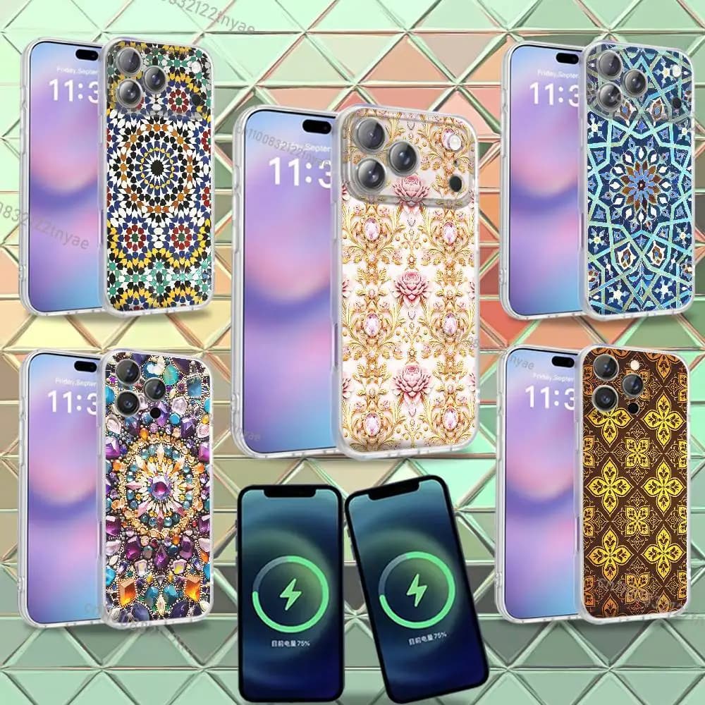 Custodia per telefono con motivo artistico marocchino per iPhone 16, 14, 11, 17, 13, 15, 12, Air, Plus, Pro, Max, E, Mini, satinata, compatibile con MagSafe magnetico wireless