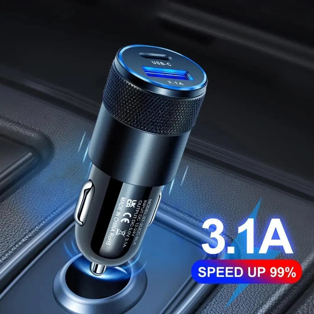 Caricabatteria da auto piccolo cannone in acciaio USB + PD da 15 W Caricabatteria da auto in lega di alluminio metallico 3.1A Caricabatteria da auto per telefono cellulare
