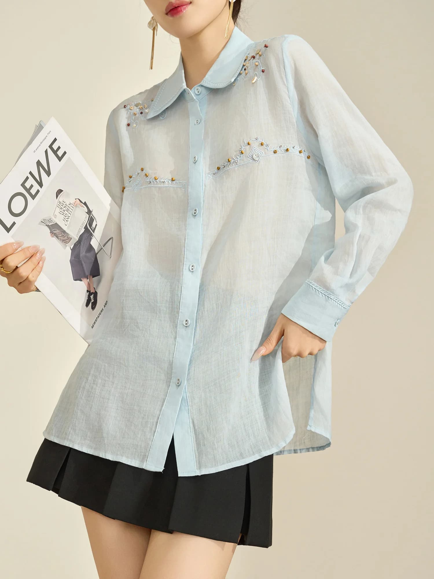 Flowing Era Unique Beautiful Blue Embroidered Thin Women's Shirt Design Sense Nail Head Stitching Breathable Casual Blouse