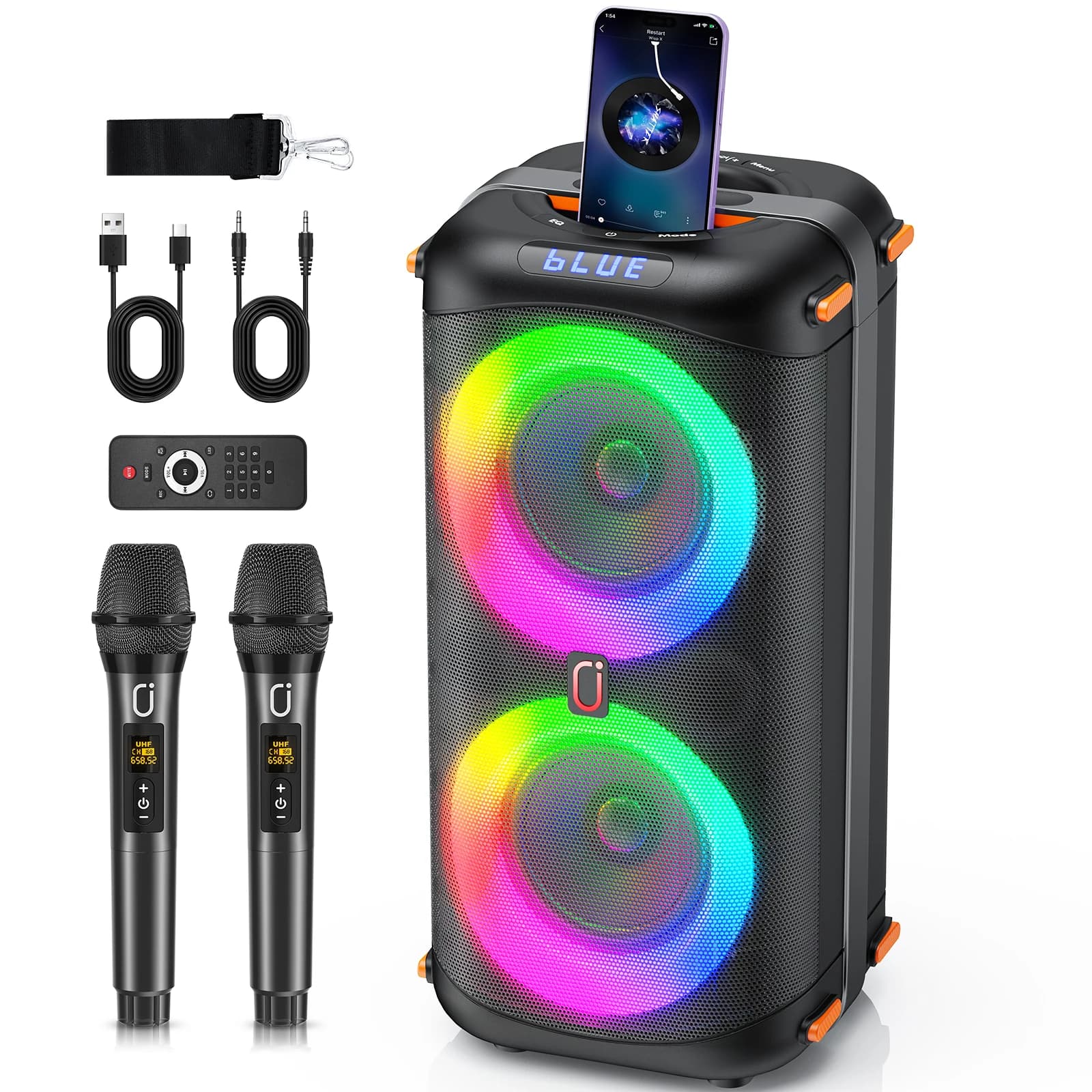 Altoparlante Bluetooth Wireless T27, Macchina per Karaoke con 2 Microfoni, Altoparlante per Feste Karaoke Domestico con Luce LED/Batteria da 6000mAh