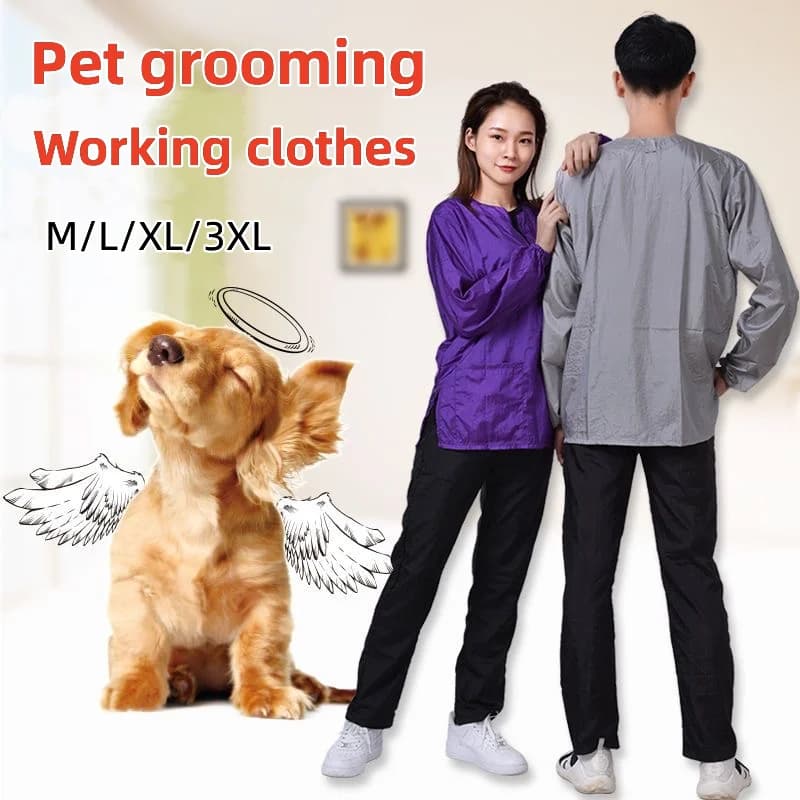 Manica lunga Pet Dog Toelettatura Abiti da lavoro Impermeabile Pet Shop Uniformi Parrucchiere Parrucchiere Abito Anti Capelli Antistatico Y0522