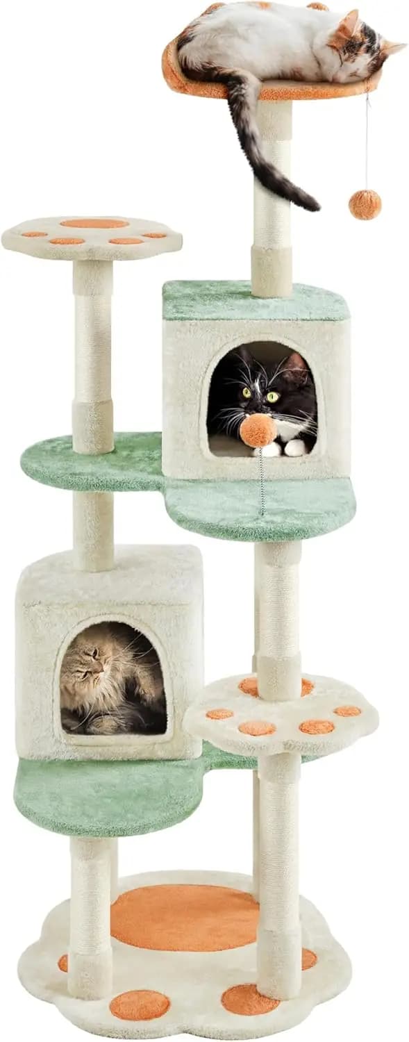 Albero per Gatti da 65 Pollici con Piattaforma a Cuore, Palla Sospesa, Doppie Cuccette, Tiragraffi per Gatti da Interno, Beige, Verde e Arancione