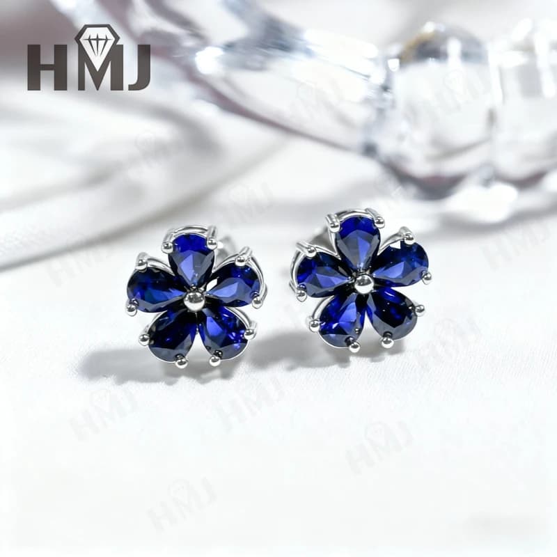 Piercing Earrings Five-petal Ear Stud Ruby Sapphire Moissanite Water Drop Shape 925 Sterling Silver Birthday Christmas Gifts