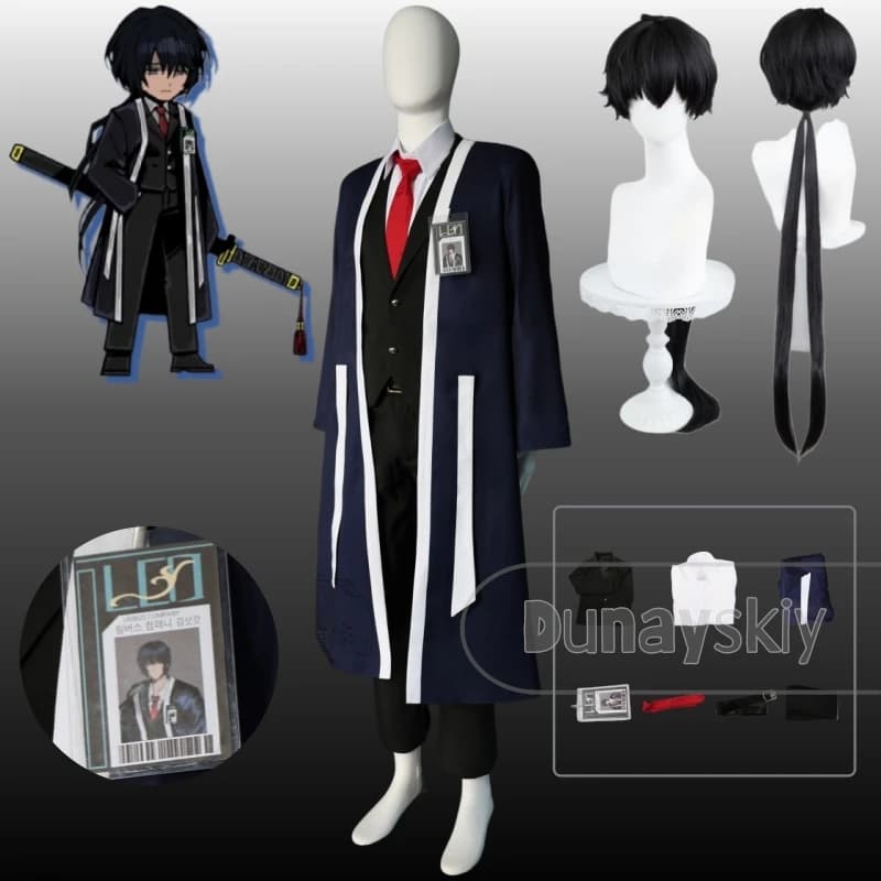 Bamboo-hatted Kim Cosplay Wig Props Costume Long Trench Coat Game Limbus Company Uniform Character ID Badge Card Anime Halloween