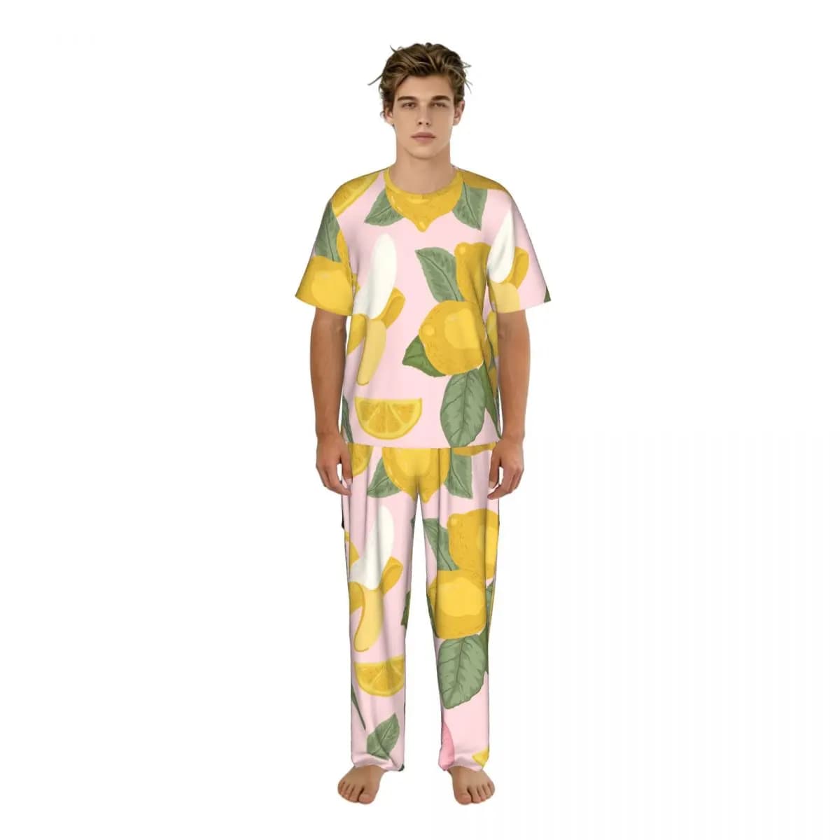 Summer men's pyjamas: complete with short sleeve tops and long trousers, night and homewear, with lemon and banana print