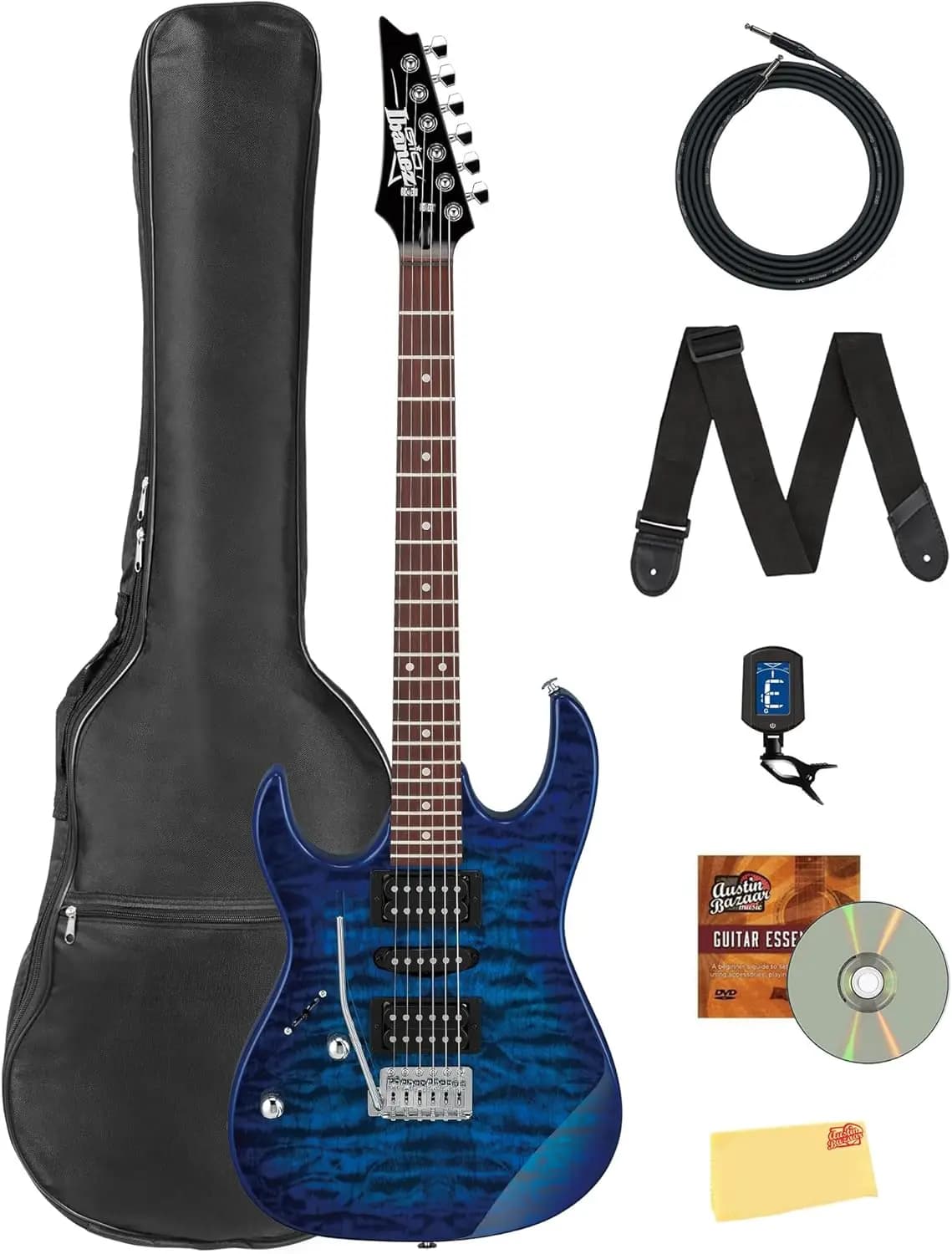 Left-Handed Electric Guitar Bundle with Transparent Blue Burst Finish, Includes Gig Bag, Tuner, Strap, Instrument Cable, Instructional DVD, and Polishing Cloth