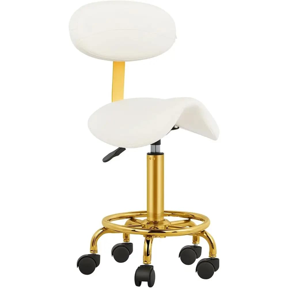 Stool with Back Support Ergonomic Chair with Wheels Hydraulic Stool Rolling Sot Cushion or Tattoo Sn Shop Spa Home White