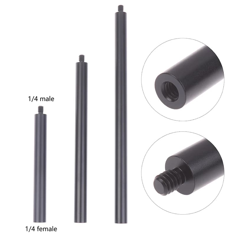 Universal aluminum extension arm with 1/4 male/female connectors, extension rod for action chamber and tripods