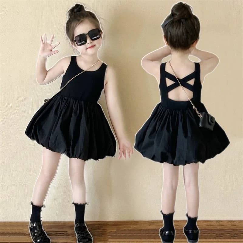 Abito da bambina senza schienale in cotone tinta unita senza maniche, modello a bocciolo, per bambine da 2 a 7 anni, Collezione 2026