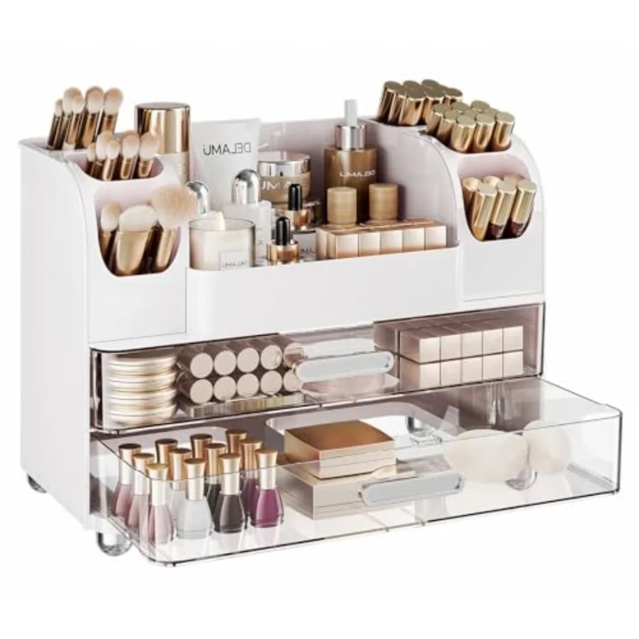 Grande Organizzatore per Trucchi da Comodino con 6 Porta Pennelli, Organizzatori per Trucchi da Toeletta con 2 Grandi Cassetti, Facile da Riporre per Cosmetici