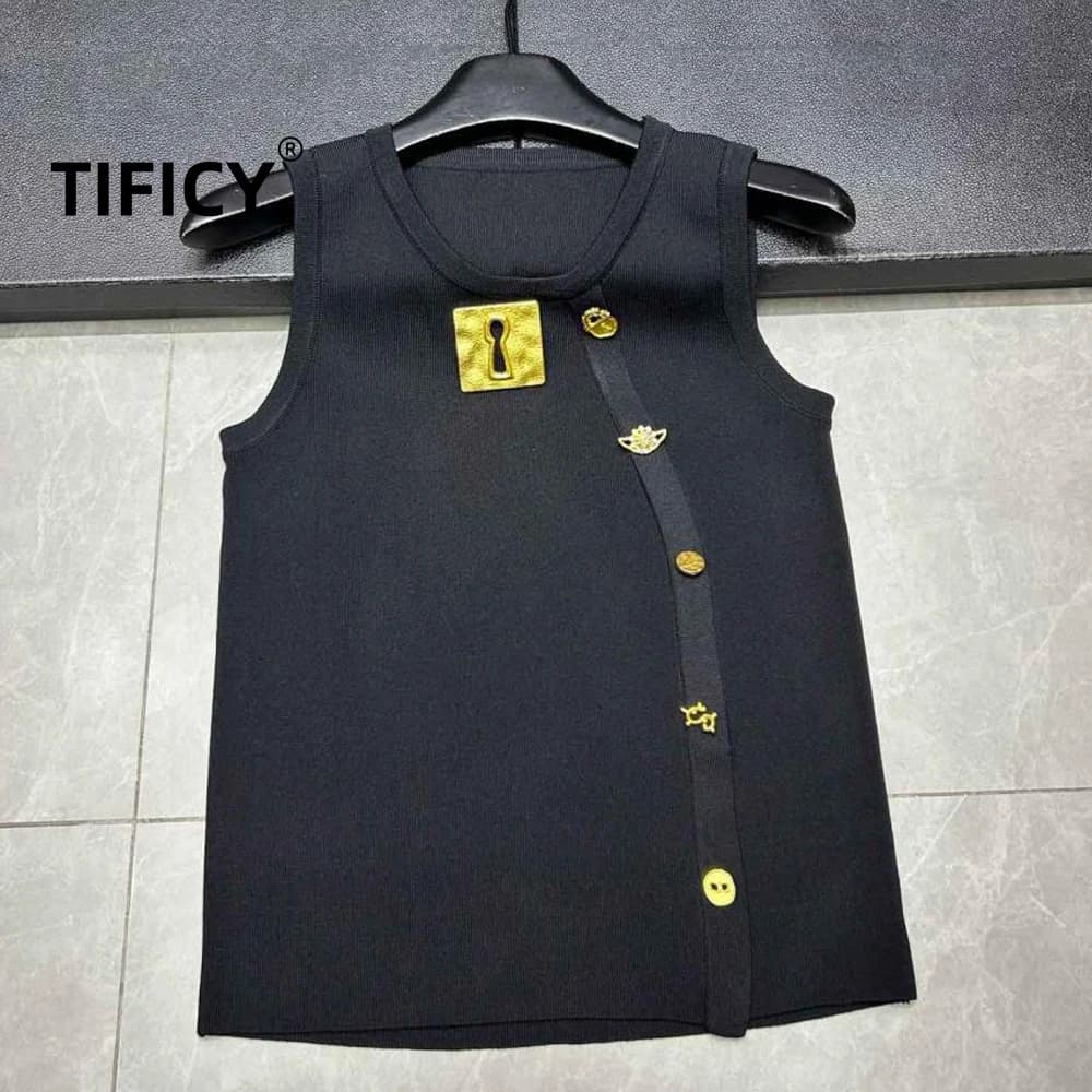 High Street Tees Tanks Women's Summer Metal Solid Color Spring Fashion Camback Pullovers Streetwear Tank Top