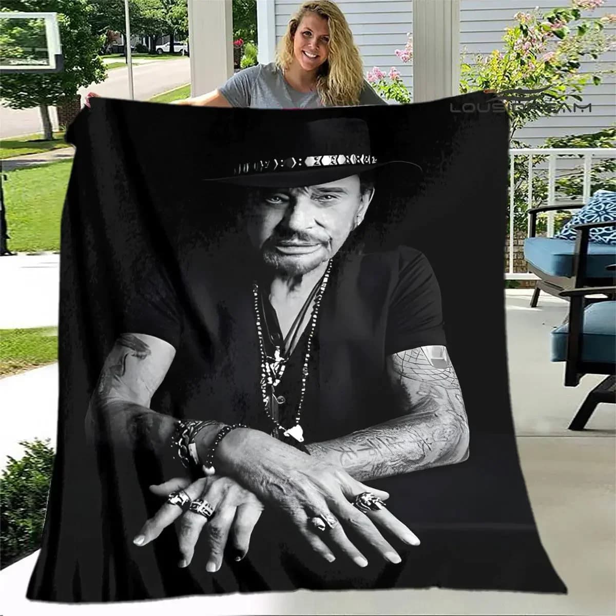 French rock star Johnny Hallyday print blanket picnic blanket vintage home travel birthday gift bed thin