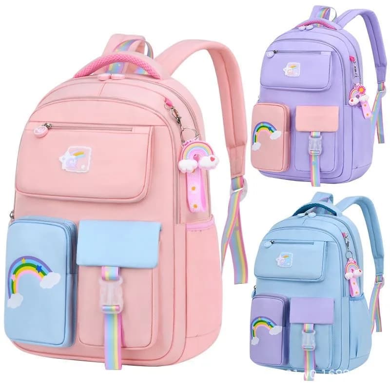 Zaini per bambini per zaino scolastico per ragazze color macaron per zaino per adolescenti Simpatico zaino da scuola con tasche multiple e ciondolo arcobaleno