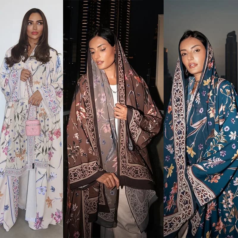 2025 Abito musulmano da donna Elegante Abaya stampato floreale Abaya Set abito Hijab Abaya con sciarpa Due pezzi Abito