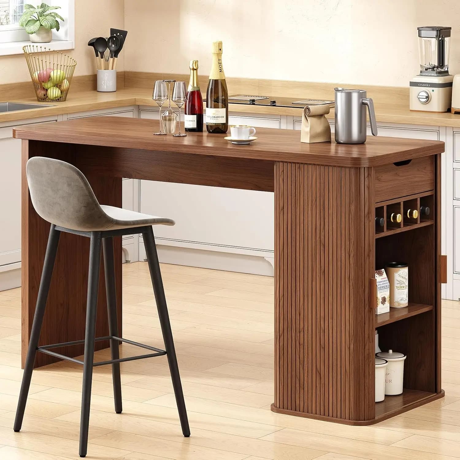 Tavolo da Cucina con Isola e Contenitore in Stile Mid-Century da 59 Pollici, con Porta Scorrevole, Portabottiglie e Cassetto, in Noce, Personalizzabile