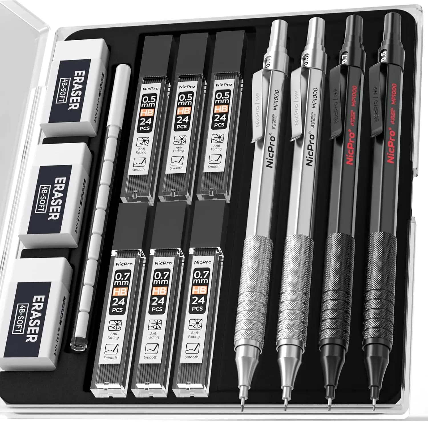 Set di 4 Matite Meccaniche in Metallo con Astuccio, 0.5mm e 0.7mm, Include Ricariche di Mine e Gomme per Disegno, Scrittura e Arte