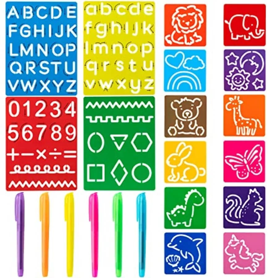 22Pcs Alphabet Tracing Stencil Set for Drawing Stencils with Color Highlighter Letters Numbers and Cute Animal Pattern Paint Bo
