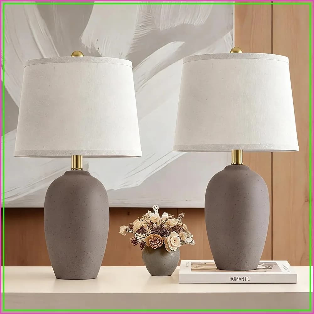 21" Farmhouse Ceramic Small Table Lamps Set of 2, Rustic Brown Desk Lamps for Living Room Bedroom Nightstand, 2 LED Bulbs Included