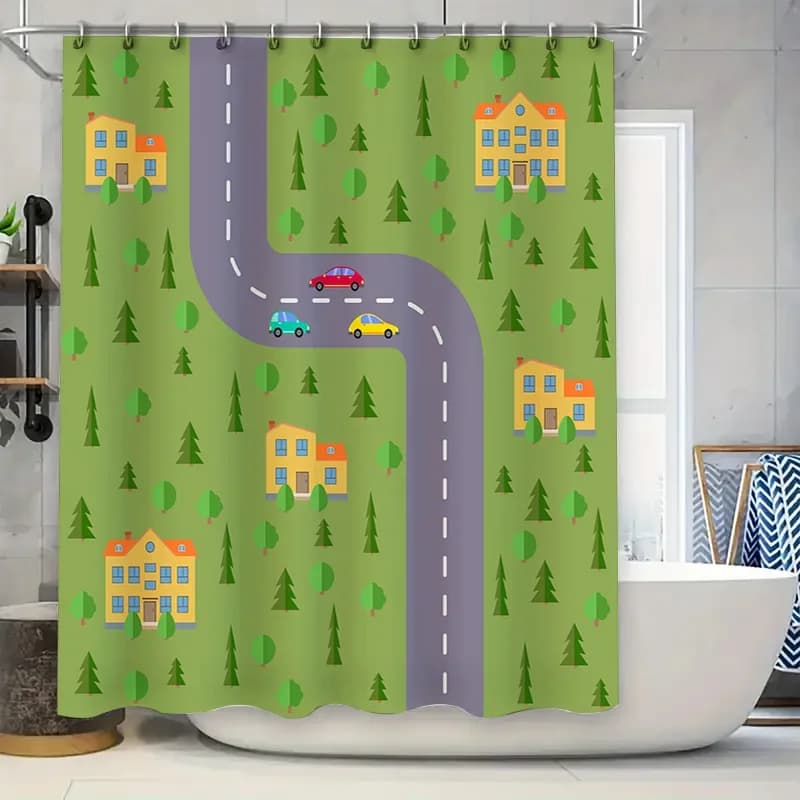 Tenda da doccia per bambini con cartoni animati con case e alberi colorati, tessuto decorativo con motivo a sfondo verde per bagni