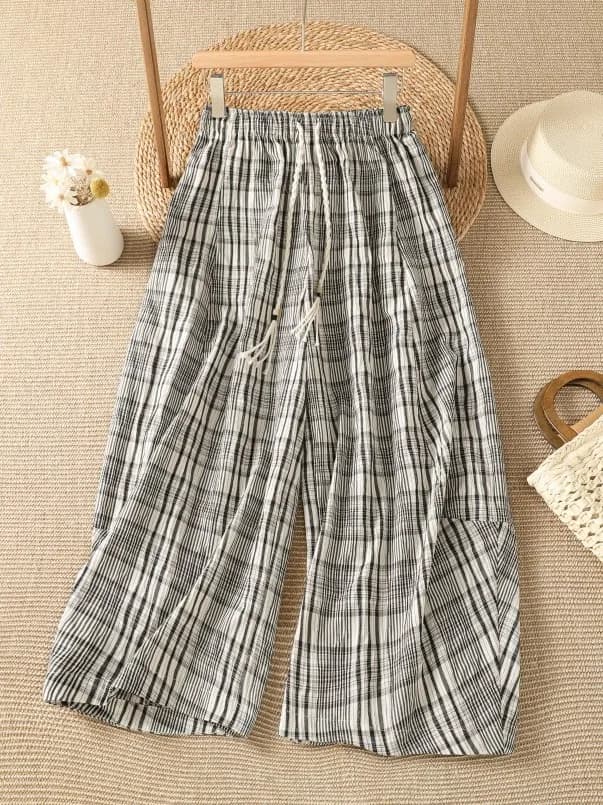 Pantaloni a gamba larga a quadri alla moda da donna, stile estivo casual, taglie forti, con elastico in vita e laccio, effetto snellente e che nasconde le imperfezioni