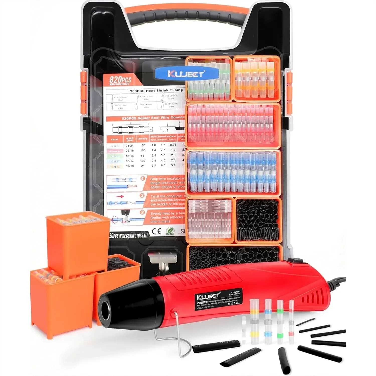 Kit Pistola Termorestringente Mini con 820 Connettori per Saldatura e Sigillatura Fili, Set Tubi Termorestringenti 482-752 ° Pistola Termica F per Cablaggio Marino e Automobilistico AWG26-10