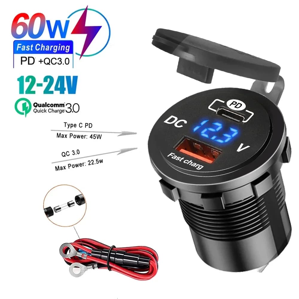 1SET 60W PD QC3.0 Presa per caricabatteria per auto con misuratore di tensione Presa di carica rapida 3.0 Presa di corrente per 12V/24V Moto Camion Barca