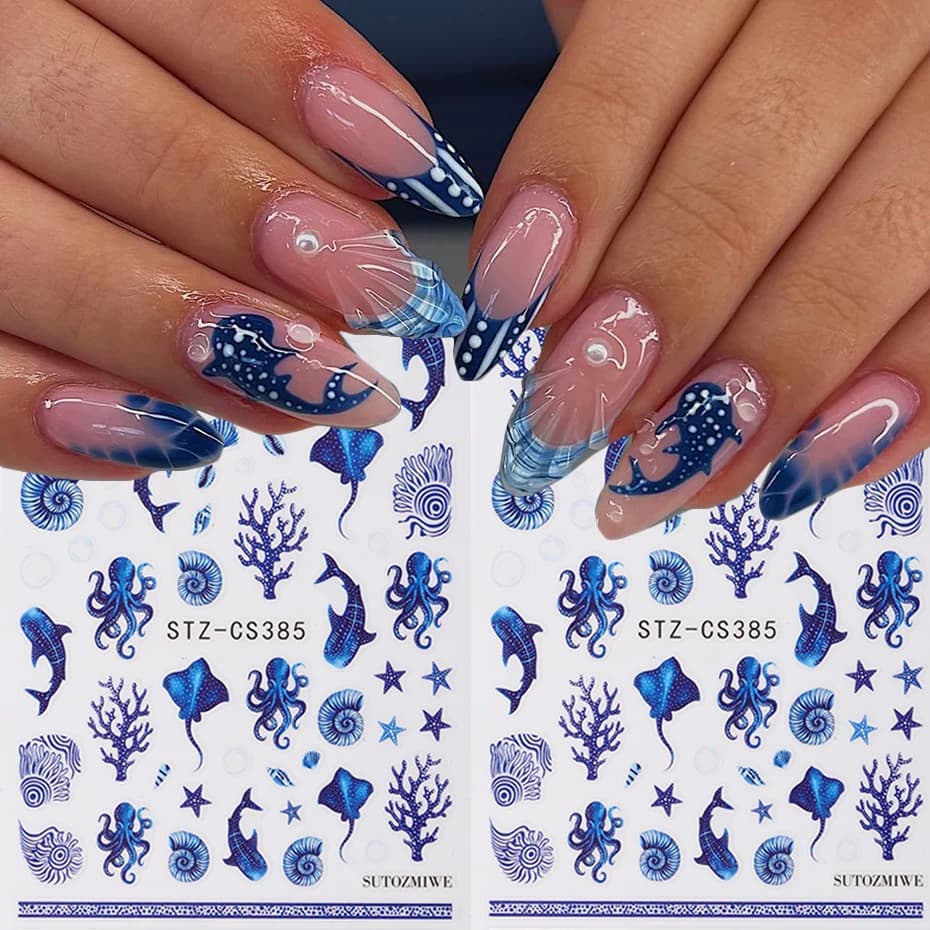 Adesivi per Unghie Estivi con Simpatici Cartoni Animati della Vita Marina Blu, con Design di Balene Blu, Polpi e Conchiglie, Decorazioni 3D Autoadesive per Nail Art