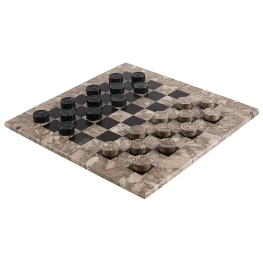 Gioco di Dama in Marmo per Arredamento Casa, Marmo e Legno, Stile Oceanico e Nero, Set da Torneo Fatto a Mano da 15 Pollici per 2 Giocatori