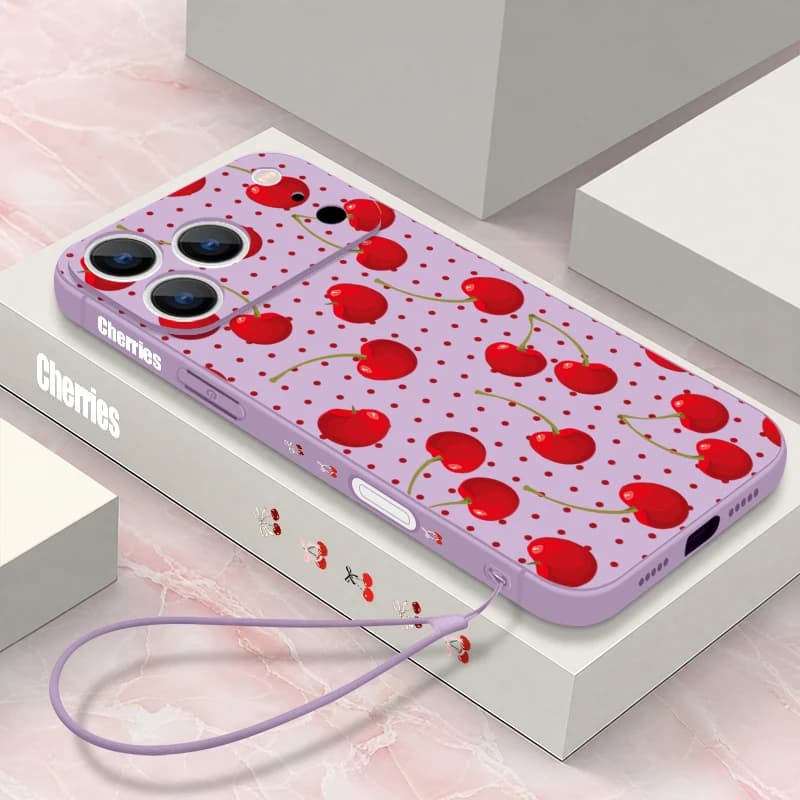 Cute Cherry Pattern Lanyard Phone Case For iPhone 17 Pro Max 17e 16 15 14 13 Pro Max 17 16 Pro 16e 11 Shockproof TPU Soft Cover