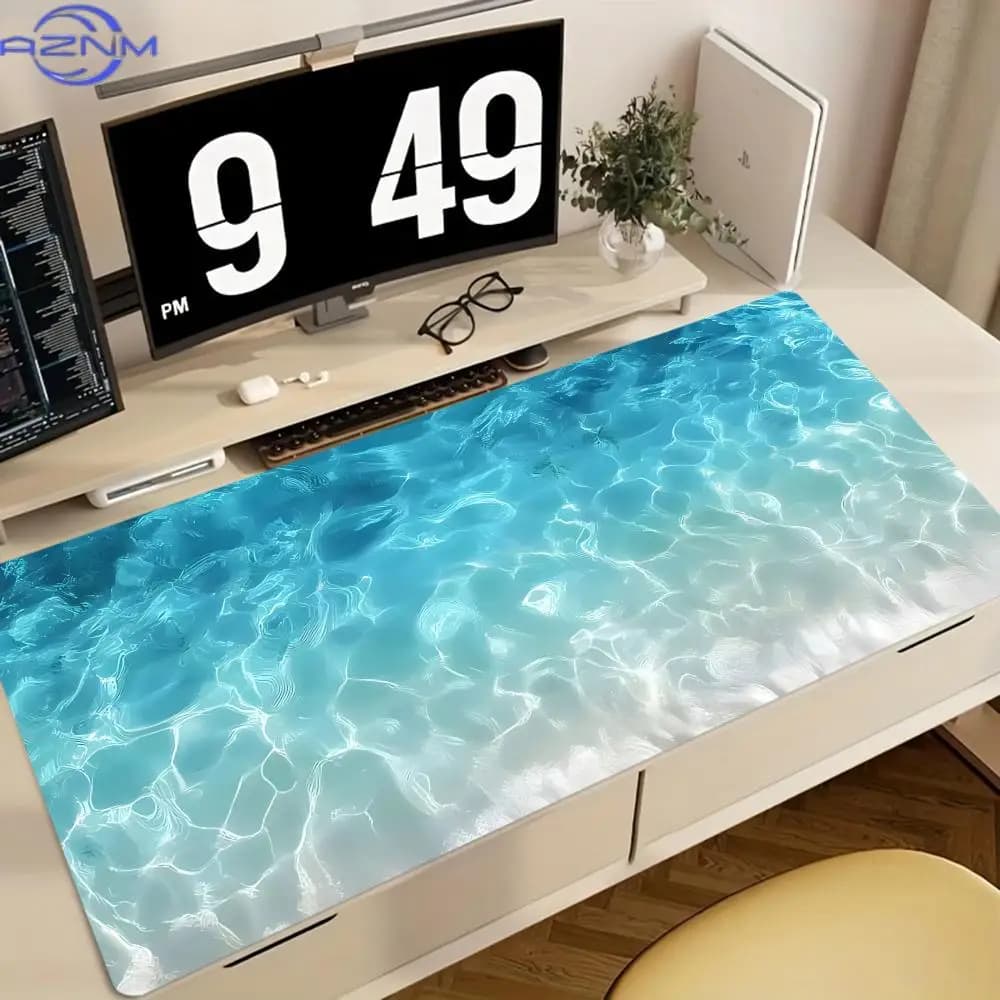 Large Gaming Mousepad Artistic Pattern of Sunlight Shining on Sea Water Leather Non-slip Table Pad Perfect for Office and Gamers