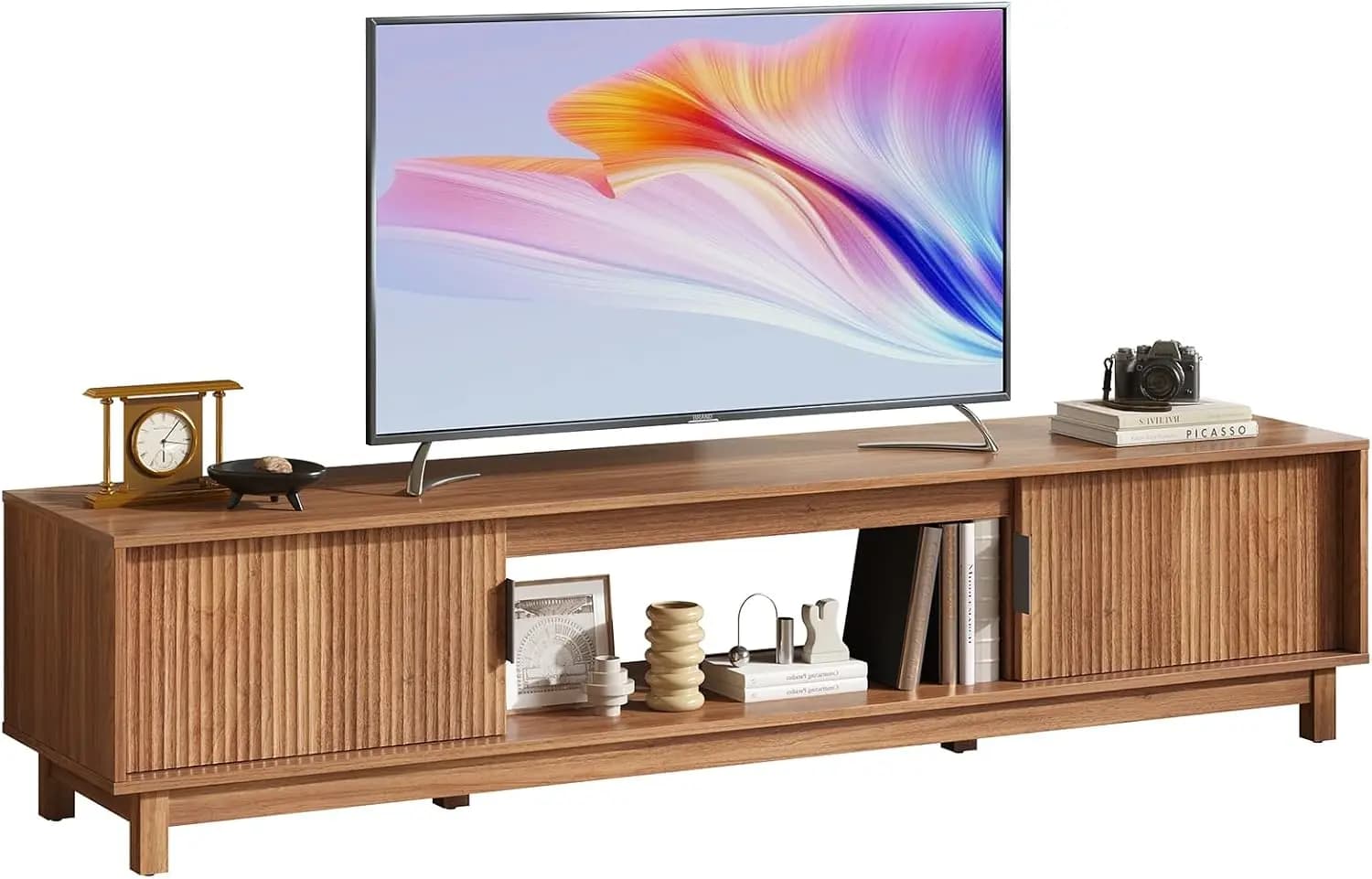 Mobile TV Moderno Mid-Century da 70 Pollici, Centro Intrattenimento in Legno Marrone Mocha con Spazio Contenitivo e Gestione Cavi per Soggiorno