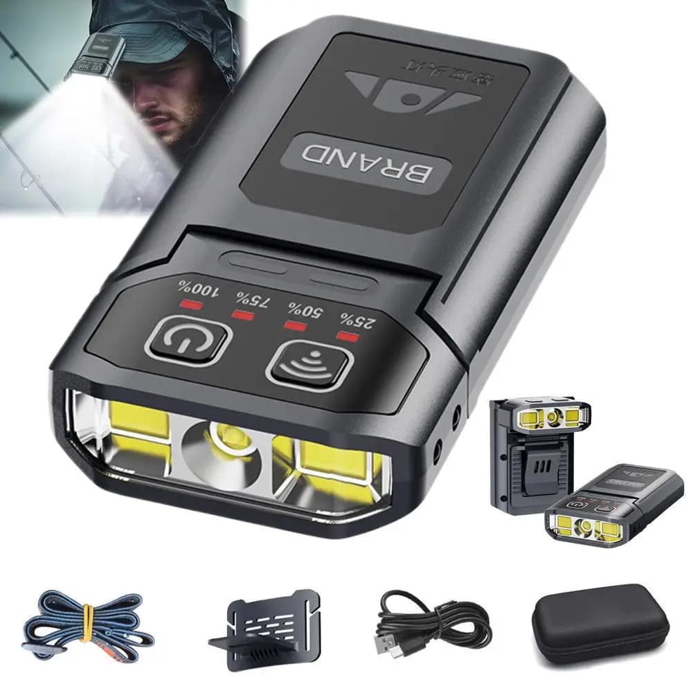 Lampada Frontale LED con Clip per Cappello, Torcia da Testa per Pesca e Campeggio, Ricaricabile USB, Illuminazione Portatile