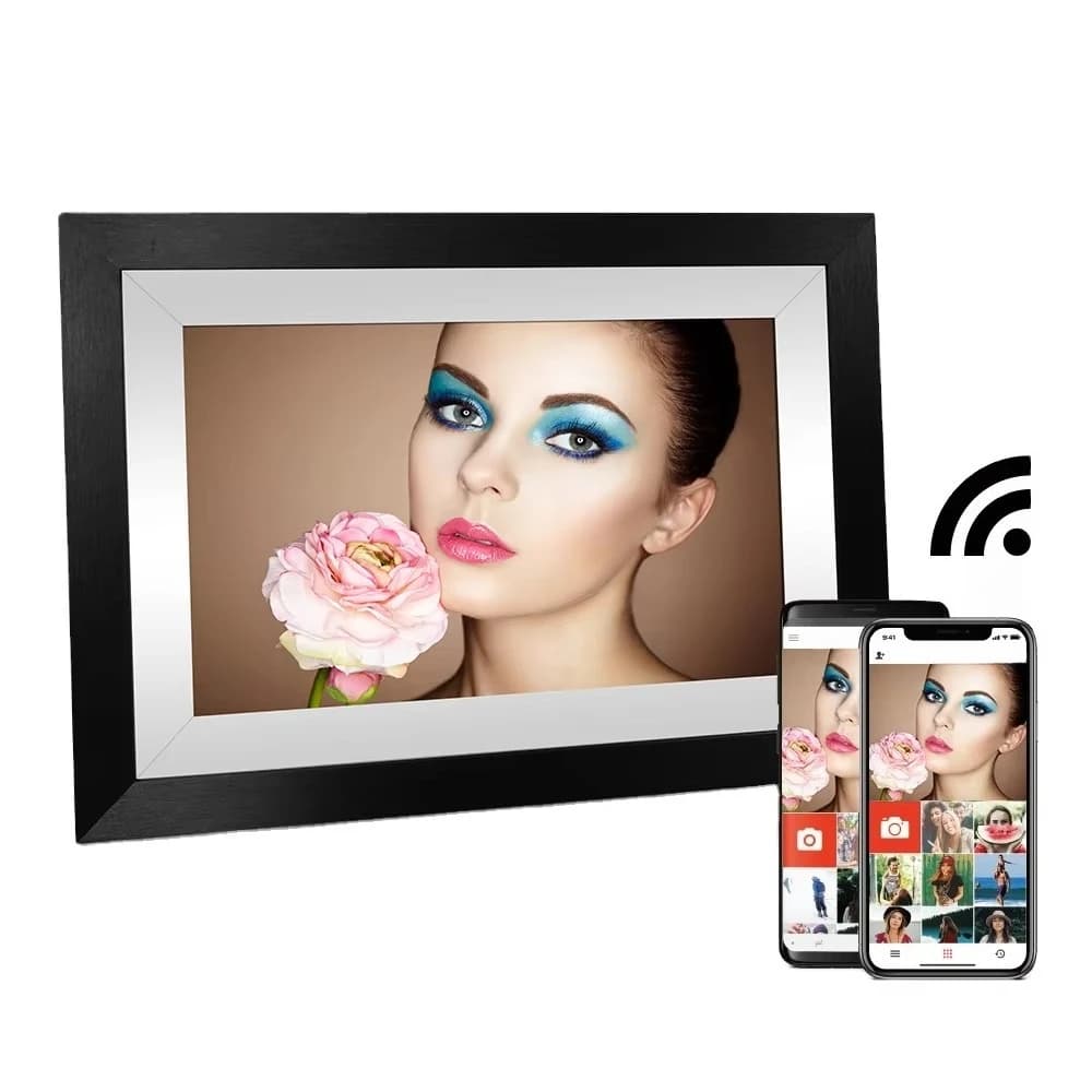 Cornice Digitale Android WiFi con Schermo Touch da 10.1 Pollici, Supporto AVI, USB/SD, Cornice in Legno, Display Video e Musica