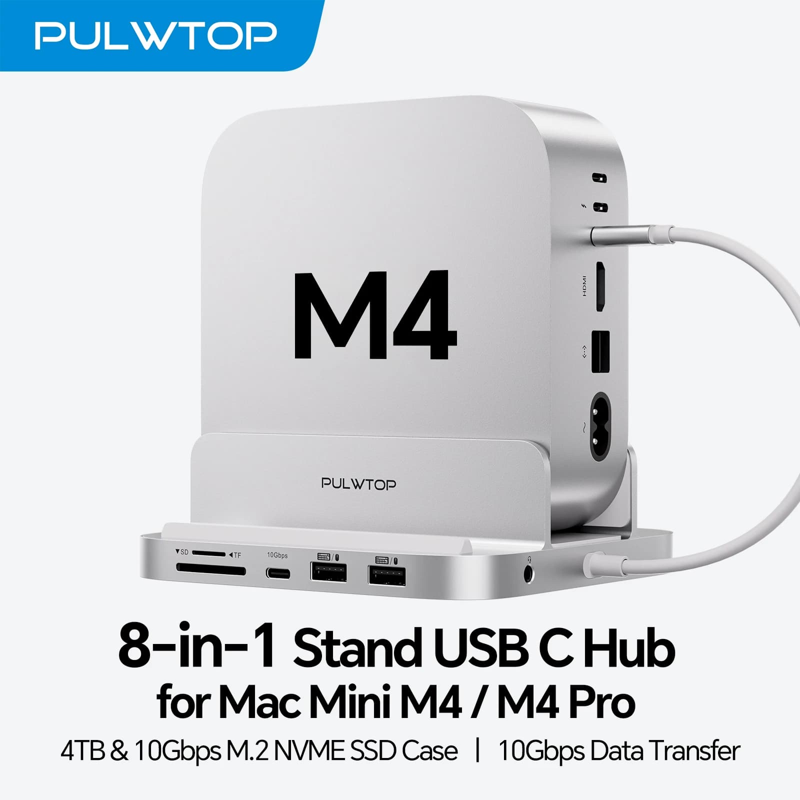 Hub PULWTOP per Mac mini M4 con Enclosure SSD M.2 da 4TB (SSD NON Incluso) con USB-A/C 3.2 10Gbps, USB-A 2.0, Audio, Slot SD/TF